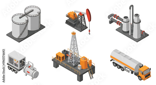 Isometric 3D view vector illustration of oil refinery complex with storage tanks, pipelines and chimneys in organized industrial zone, energy and petrochemical industry concept