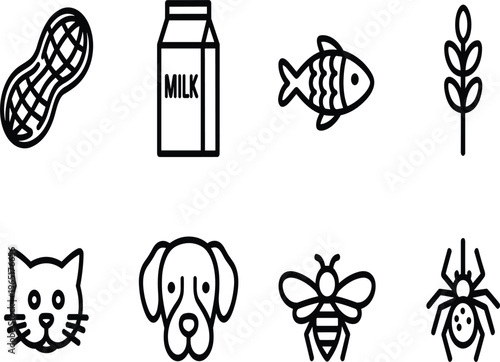 Common allergy triggers icon set, vector black line art symbols including peanuts, milk, fish, wheat, pets, and insects, isolated on white background