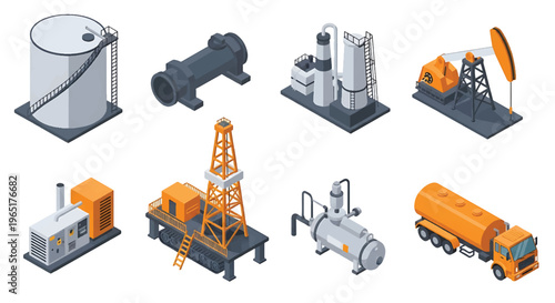 Isometric 3D view vector illustration of oil refinery complex with storage tanks, pipelines and chimneys in organized industrial zone, energy and petrochemical industry concept