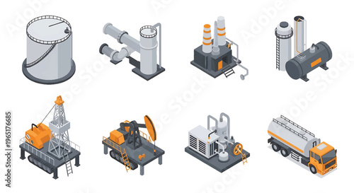 Isometric 3D view vector illustration of oil refinery complex with storage tanks, pipelines and chimneys in organized industrial zone, energy and petrochemical industry concept