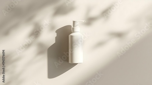 Top view opaque white pump bottle mockup with soft natural sun shadows with lotion bottle