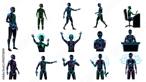 AI robot assistant, neon humanoid robot silhouettes, 10 poses set, futuristic technology illustration, sci-fi vector, robotic figures