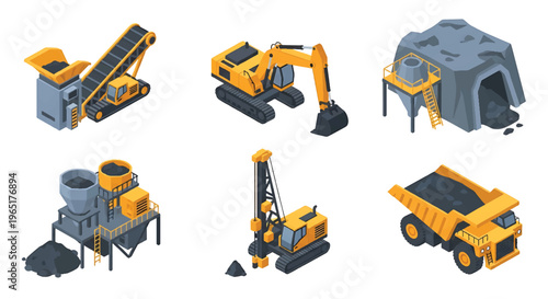 Isometric 3D view vector illustration of mining industry site with excavation machines, dump trucks and mineral processing facility in structured heavy industrial landscape