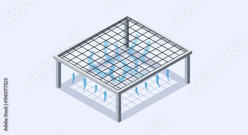 3D illustration of a metal grid structure with blue arrows.