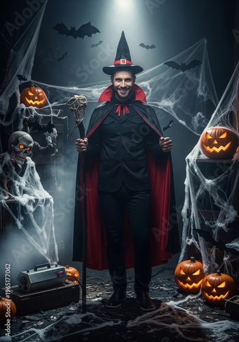 Man in Dark Halloween Costume with Pumpkins and Cobwebs