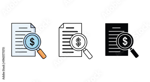 Document financial analysis with glass - Minimalist, flat icon, outline, glyph, linear, clipart, sticker - icon set
