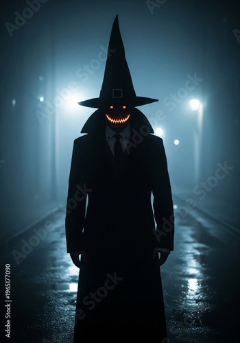 Eerie Figure in Witch Hat and Long Coat Standing on Wet Street