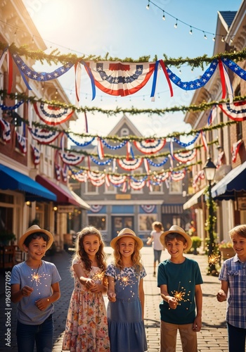 Smiling Kids Celebrate with Sparklers and Festive Decorations