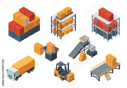 Isometric 3D mining industry set with drilling rig, dump truck and ore processing plant, heavy industrial resource extraction concept