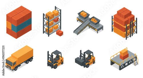 Isometric 3D mining industry set with drilling rig, dump truck and ore processing plant, heavy industrial resource extraction concept