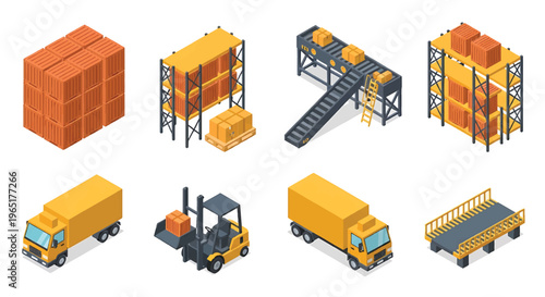 Isometric 3D mining industry set with drilling rig, dump truck and ore processing plant, heavy industrial resource extraction concept