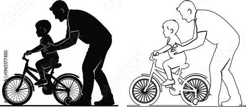 Adult Teaching Children How To Ride Bicycles Safely Together
