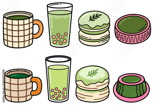 Two mugs of green tea two glasses of bubble tea two matcha macarons and two matcha jellies arranged in two rows drink beverage jelly dessert sweet food illustration cute kawaii