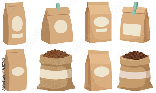 Collection of stylized brown paper bags and burlap sacks filled with coffee beans some with blank labels and clips coffee bags paper packaging retail food packaging coffee shop