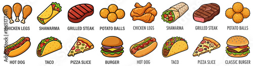 A colorful collection of popular fast food and street food items including chicken legs shawarma grilled steak potato balls hot dogs tacos pizza slices and burgers meal cuisine
