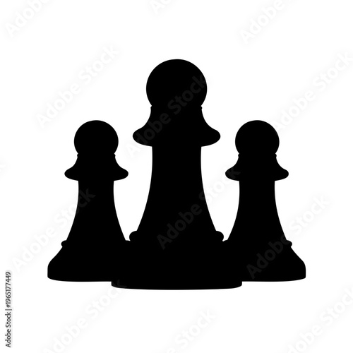 A striking silhouette of three chess pawns, one prominent and two flanking, on a white background Vector, illustration