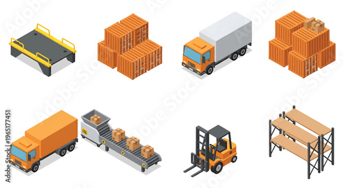 Isometric 3D mining industry set with drilling rig, dump truck and ore processing plant, heavy industrial resource extraction concept