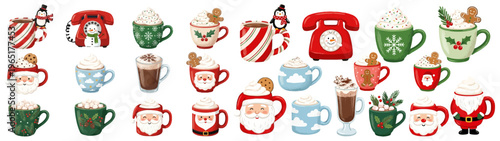 A charming collection of festive holiday mugs filled with hot beverages decorated with Santa Claus snowflakes holly and gingerbread cookies alongside festive telephones Christmas