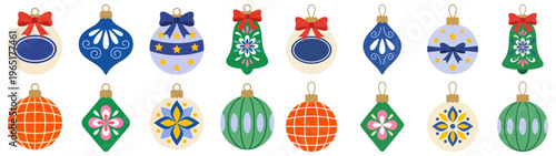 Collection of various colorful Christmas tree ornaments including baubles bells and diamond shapes with festive patterns and bows Christmas ornaments decoration holiday celebration