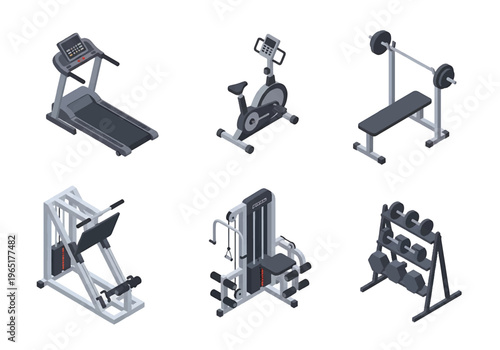 Isometric 3D fitness gym set with treadmill, weight bench and exercise bike, modern health club and wellness training concept