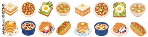 Diverse assortment of delicious foods and desserts including pancakes avocado toast with egg soup ratatouille cake croissant with berries and hot dog breakfast lunch dinner