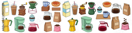 A collection of assorted coffee making tools beverages and baked goods including grinders coffee makers and pies displayed with a pastel color palette and whimsical style