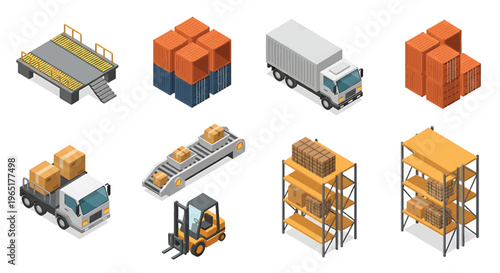 Isometric 3D mining industry set with drilling rig, dump truck and ore processing plant, heavy industrial resource extraction concept