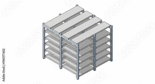 3D rendering of a metal shelving unit.