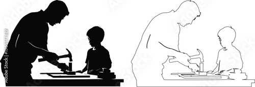 Adult teaching child woodworking with hammer and nails