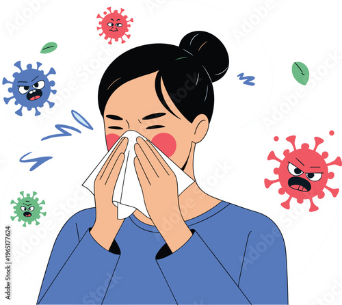 Woman with allergy or flu symptoms vector illustration, young female character sneezing into a tissue with floating virus and bacteria icons, isolated on white background