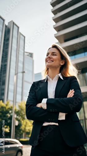 Confident Businesswoman in Professional Attire Looking Upwards with Modern Cityscape in Background During Bright Sunny Day