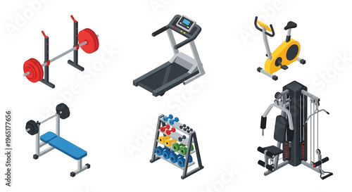 Isometric 3D fitness gym set with treadmill, weight bench and exercise bike, modern health club and wellness training concept