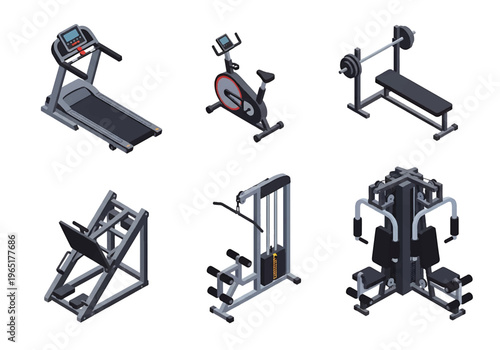 Isometric 3D fitness gym set with treadmill, weight bench and exercise bike, modern health club and wellness training concept