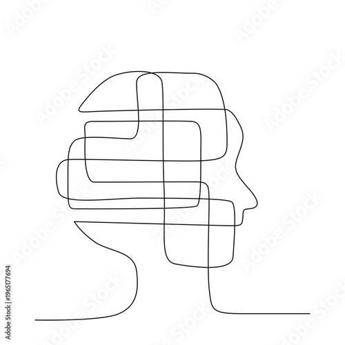 Minimal line art of maze inside head silhouette showing overthinking and mental clutter, editable stroke.