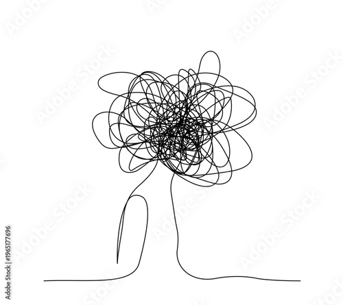 Single line art of a human head with a scribble in  overthinking and mental health concept, editable stroke.