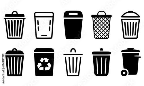 Trash Can and Garbage Bin Icon Set in Multiple Styles Including Recycling Symbol, Wheeled Bin, and Mesh Design in Solid Black Glyph Representing Waste Management, Delete, and Environmental Cleanup 