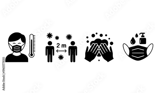 Set of black and white COVID-19 prevention icons showing masked person with thermometer, social distancing, handwashing, and face mask symbols for health safety guidelines