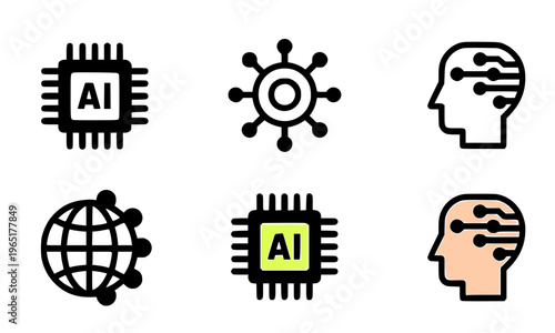 Artificial Intelligence Icon Set With AI Chip, Neural Network, Digital Brain, and Global Technology Symbols in Colorful Outline Style for Machine Learning and Innovative Tech Design Concepts