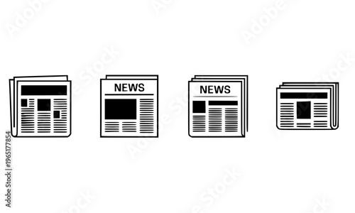 Set of four black and white newspaper icons in flat design style, featuring news headlines and article layouts, ideal for media and journalism concepts