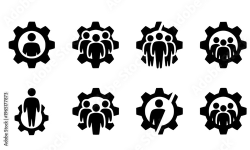 Gear and Human Figure Icon Set in Solid Black Glyph Style Representing Human Resources, Workforce Management, Team Settings, Organizational Structure, and Business Operations Concept for Corporate