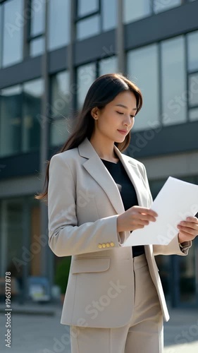 Professional woman in business attire reviewing document outside modern office building, with sunlight reflecting on glass facade in urban environment