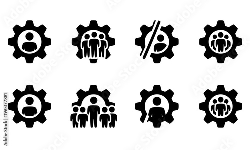 Gear and People Icon Set in Solid Glyph Style Representing Human Resources, Team Management, Workforce Configuration, Business Operations, and Organizational Development Concepts