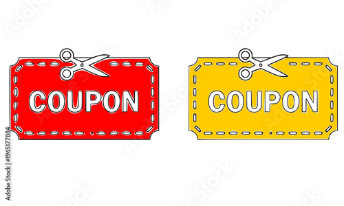 Red and Yellow Coupon Icons With Scissors Cut Design Representing Discount Voucher, Promotional Offer, Sale Deal, Retail Marketing, and Special Price Savings Concept in Flat Style