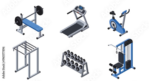 Isometric 3D fitness gym set with treadmill, weight bench and exercise bike, modern health club and wellness training concept