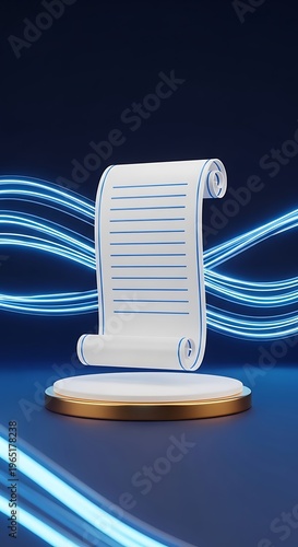 Glowing blue digital scroll on white pedestal with light trails