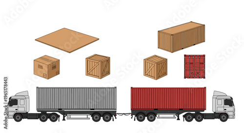Logistics and shipping illustration showing cargo trucks, shipping containers, wooden crates, and cardboard boxes for transport.