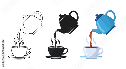 Teapot pouring hot tea into ceramic cup - Line and glyph solid icon and logo template - Clipart, sticker - icon set