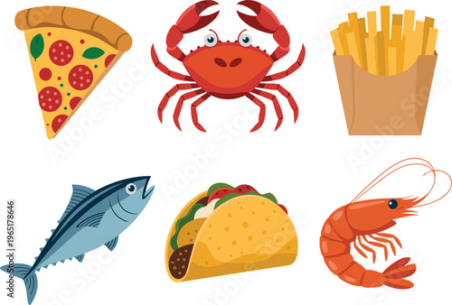 Food and seafood vector collection, set of flat icons including pizza, crab, french fries, fish, taco, and shrimp, isolated on white background