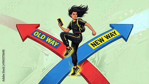 Woman on phone jumping between old and new way arrows