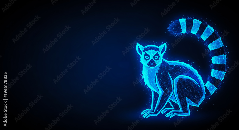 Fototapeta premium Vibrant blue neon illustration of a ring-tailed lemur sitting beside a circular pattern, set against a dark backdrop for a futuristic effect.